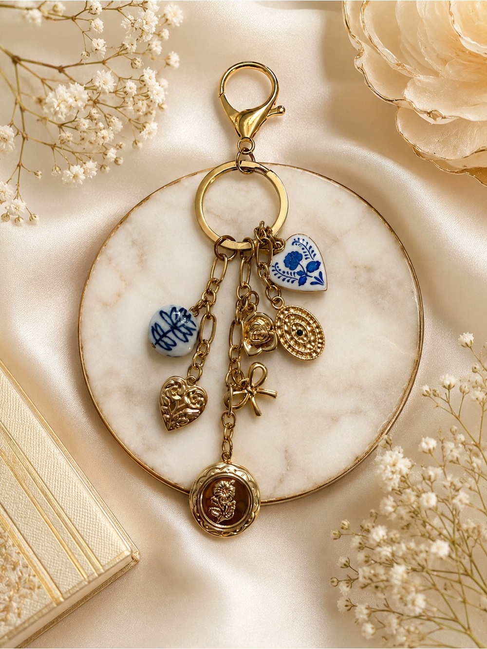 Gold Charm Key & Card Holder with Blue Porcelain Accents